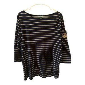Lauren Ralph Lauren Gold Stripe Embroidered Patch 3/4 Sleeve Top 2X Navy Blue